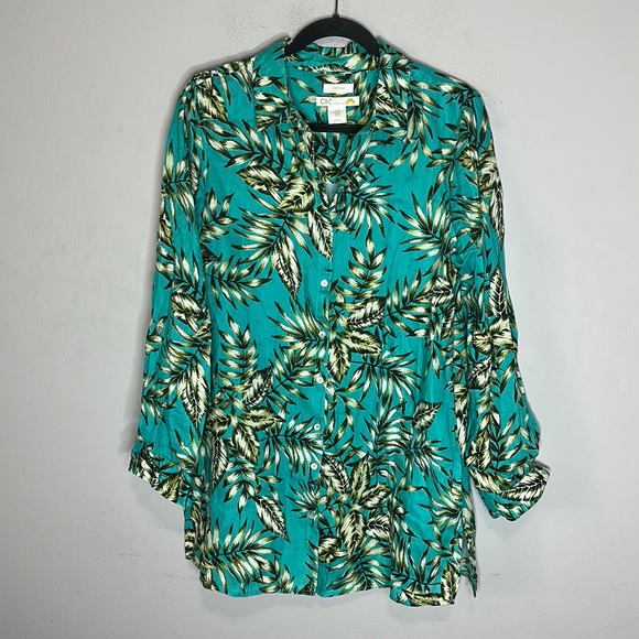 C&C California Tops - C&C linen teal tropical leaf print tunic shirt M